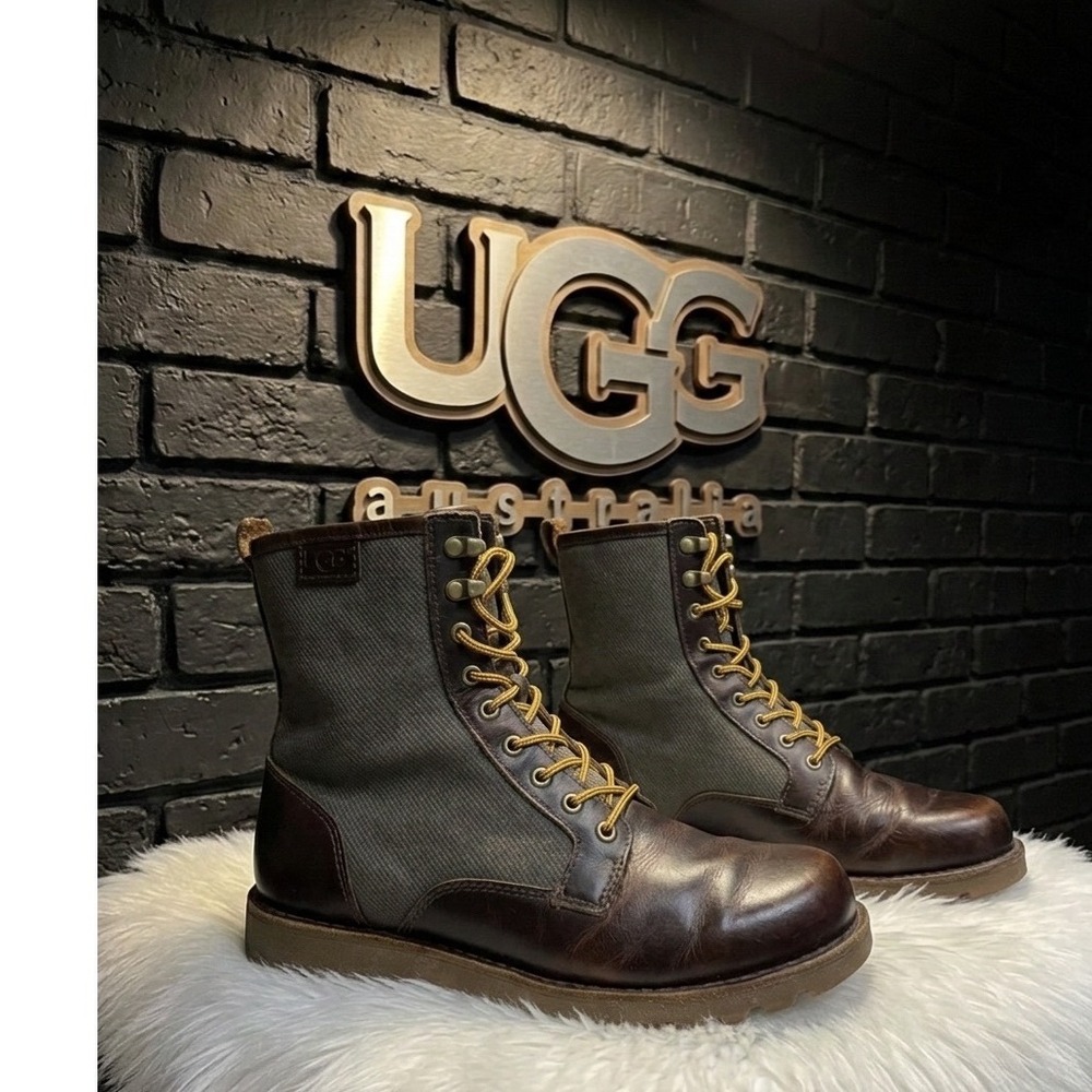 🔥UGG Australia🚨 Butte Men's Brown‎ Leather Canvas Combat Boots Size 7Women-8.5